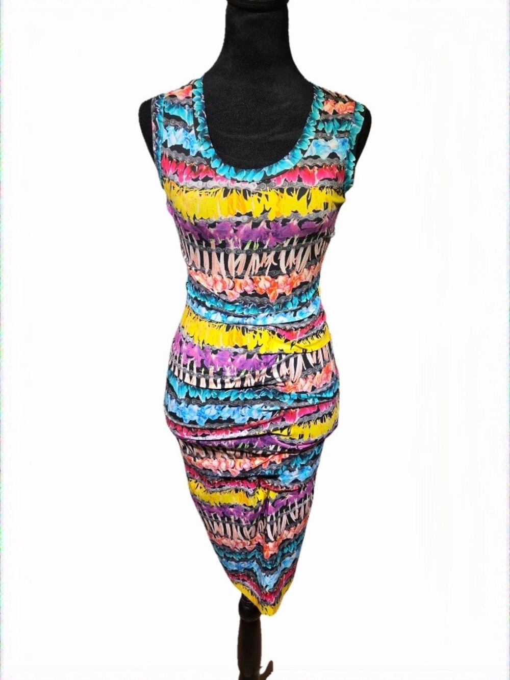 Nicole Miller/Artelier Collab Multicolor Uneven Striped Bodycon Midi Dress